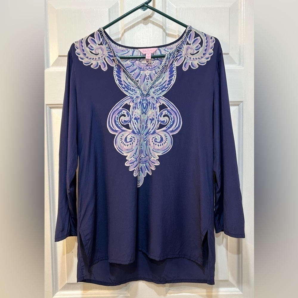 Lilly Pulitzer 100% Silk Renato Dinner Tunic Pineapple Beaded Blouse Women Sz M